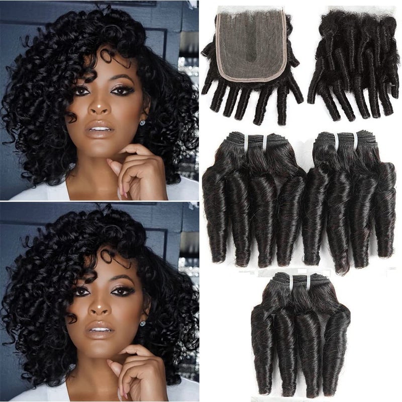 Molefi Brazilian Funmi Hair Curly Weave 3 Bundles with Lace Closure Spiral Curl Hair Bundles with 4x2 T Lace Closure 100% Human Hair Extensions 100g/pc Natural Black (14 14 14+12) - Image 1
